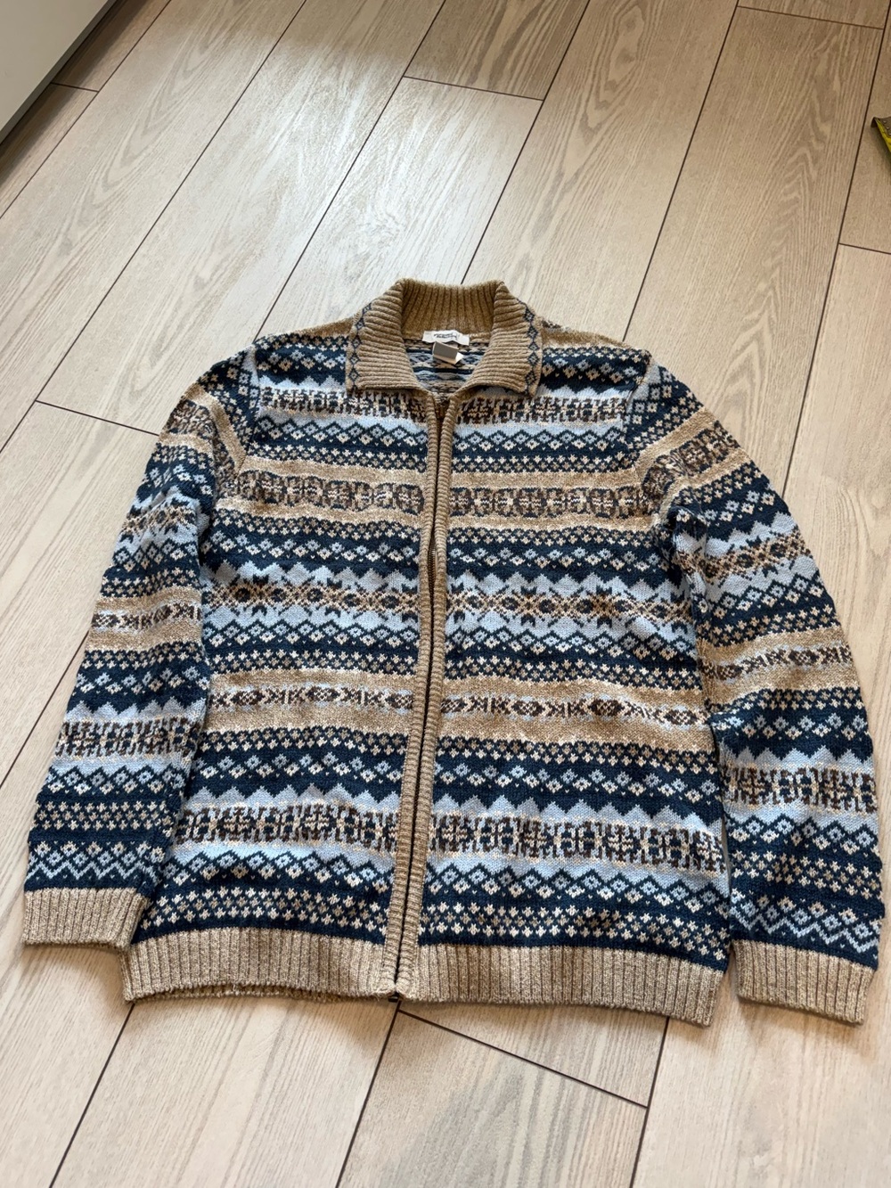 Northern Reflections Nordic sweater full zip beige blue vintage small cotton